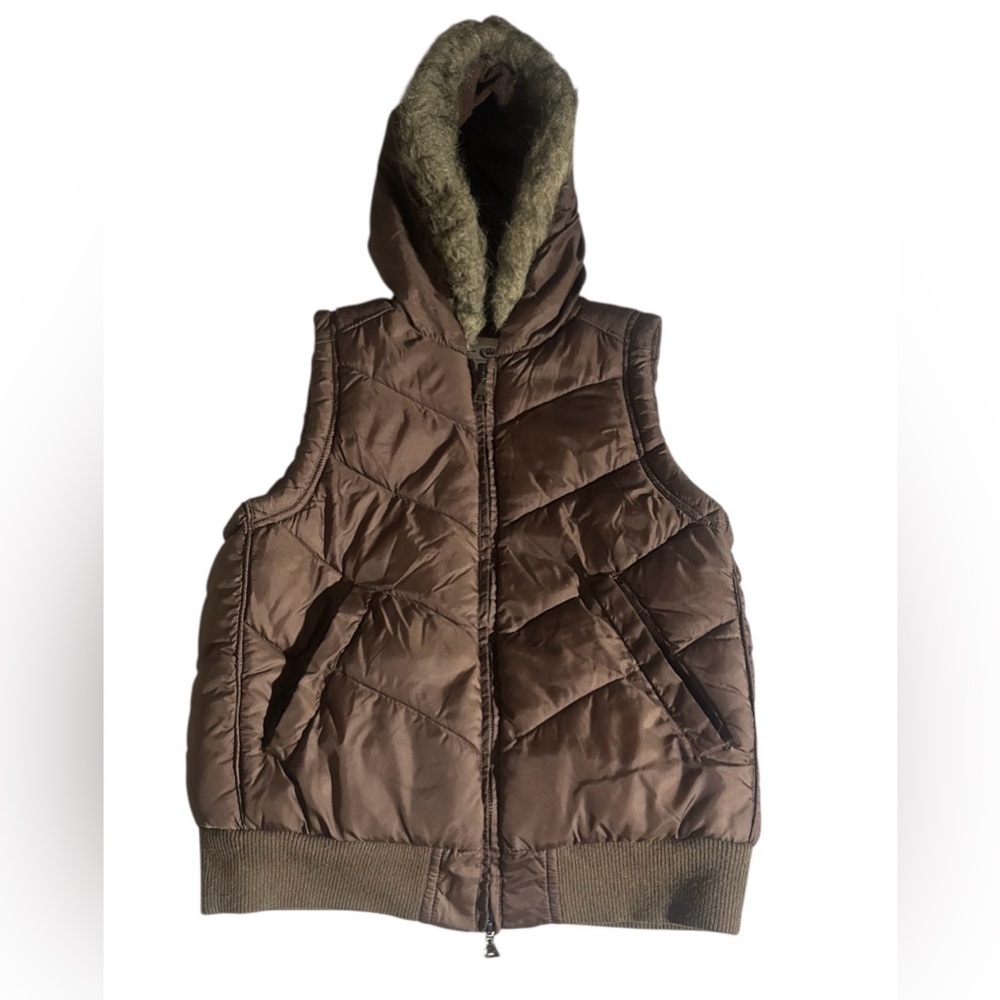 BONGO Y2K Brown Full Zip Puffer Insulated Faux Fur Hoodie Vest Sz L